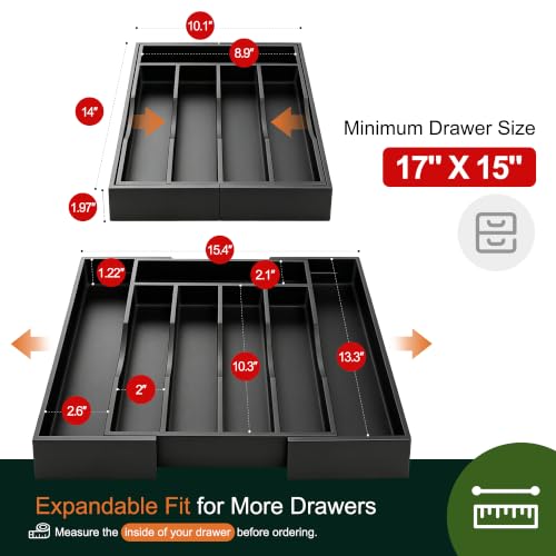 Expandable Bamboo Kitchen Drawer Organizer for Cutlery and Utensils (7 Slots Expandable / Black)