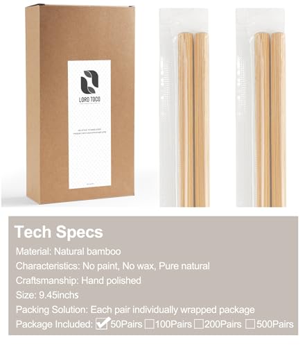 50 Pairs Chopsticks Disposable Reusable 9.5" Individually Wrapped Bulk Premium Quality (Style 1)