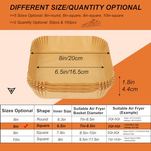 200PCS Small Air Fryer Paper Liners for 2 to 5QT Airfryer (8inch (2 to 5 QT)-200pcs-square)
