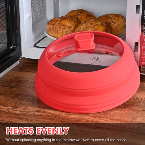 Microwave Splatter Cover Glass with Collapsible Silicone for Food Cover Plate Cover 10.8 inch with Anti (Red with Red Gloves / 10.8 inch)