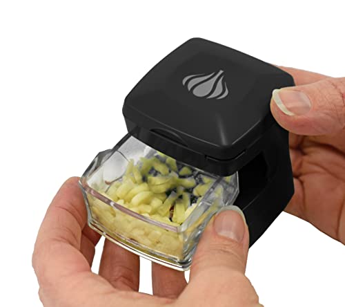 Garlic-A-Peel Garlic Press, Crusher, Cutter, Mincer, and Storage Container - Includes Silicone Garlic Peeler - Easy to Clean - Stainless Steel Blades – (Black), standard (3 x 3 x 2.8 / Black)