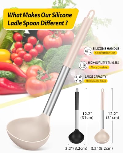 Silicone Soup Ladle Spoon Kitchen Utensils (BLACK-KHAKI)