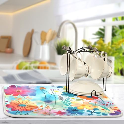 Colorful Flowers Blue Dish Drying Mat for Kitchen Counter Absorbent Microfiber Drying Pad (DM18 / 18" x 24")
