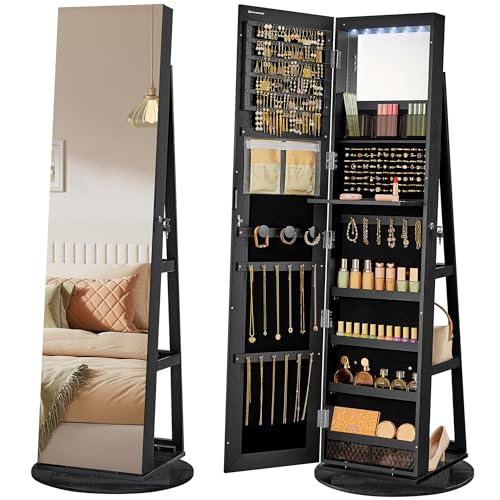 6 LEDs Mirror Jewelry Cabinet Organizer (Black / 14.6" Mirror)