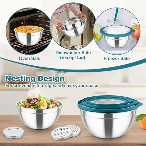 Mixing Bowls Stainless Steel Salad Serving Bowl with Clear Lids (Dark Blue)