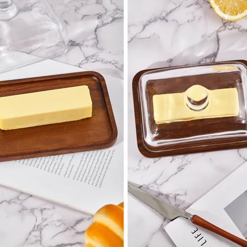 Glass butter dish with lid (7.1"L x 4.5"W x 4.1"H-Acacia wood)