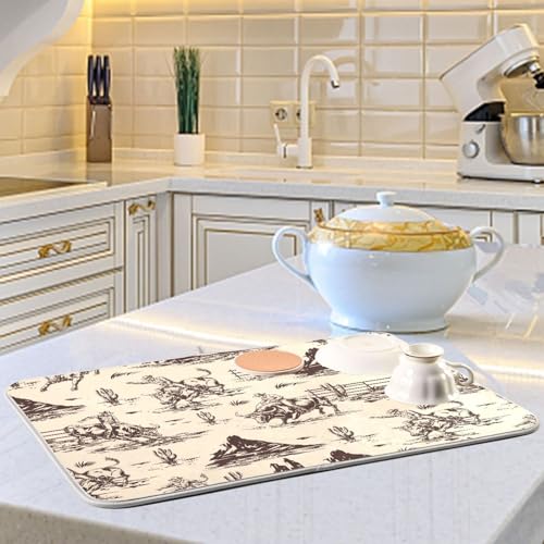 West Cactus Cowboy Dish Drying Mat for Kitchen Counter Absorbent Microfiber Drying Pad (DM13 / 18" x 18")
