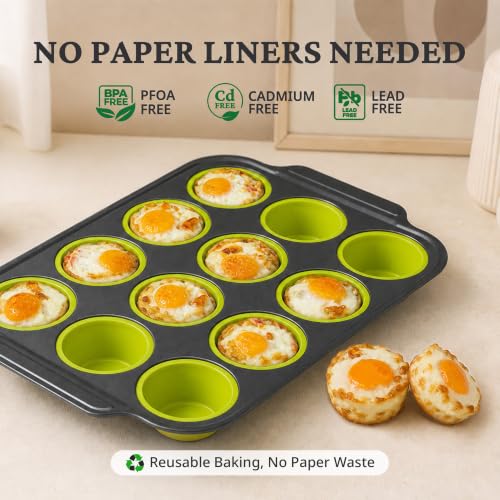 Silicone Muffin Pans for Baking with Metal Frame (Lime Green / 12-Cup Standard)
