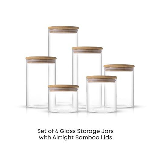 Borosilicate Glass Jars With Bamboo Lids. 6 Pc Set of Air Tight Sealable Containers. Food Jar Canisters with Airtight Lid for Pantry Storage and Kitchen Organization (Bamboo Covers)
