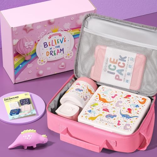 Kids Bento Snack Lunch Box with Thermo Insulated Toddler Lunch Bag (A4.White Dinosaur)
