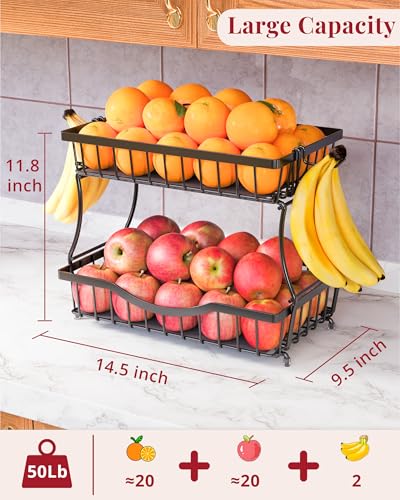 Large 2 Tier Fruit Basket for Kitchen Counter with 2 Banana Hangers (Black)