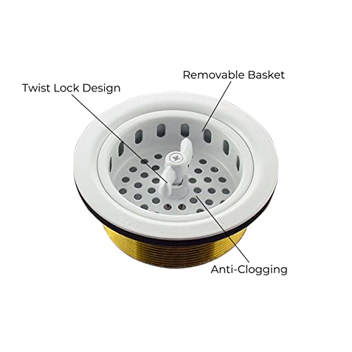 3.5" Sink Drain Assembly with Twist Lock Basket Strainer (White)