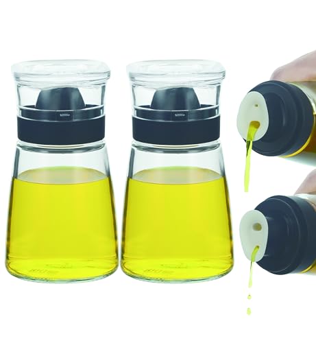 Small Glass Olive Oil and Vinegar Dispenser Bottles Set for Kitchen Cooking with Silicone Dual Pouring Spout (Black / 5.4 oz)