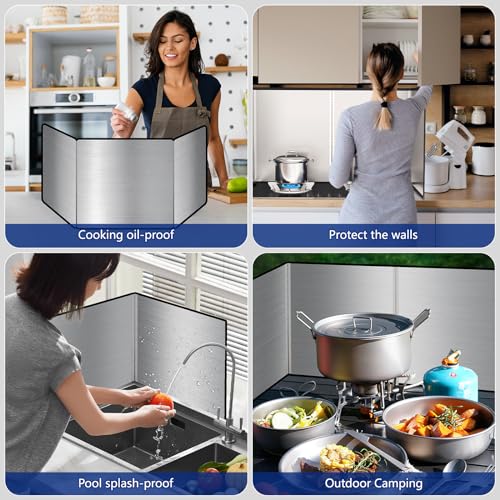 2 Pieces 2 Sided Grease Splatter Guard Foldable Splatter Guard for Stove Stainless Steel Oil Splatter Screens Backsplash for Wall Gas Range Frying Pan Camping (11.8×15.7inches)