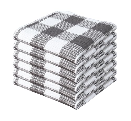 Waffle Weave Plaid Dish Cloth (12 x 12 - 6 Pack / Steel Grey White)