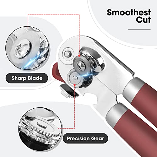 Heavy Duty Hand Can Opener Manual with Magnet Lid Remover (Red)