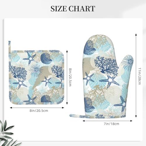 Nautical Coastal Oven Mitts and Pot Holders Set of 4 Silicone Starfish Seashell Coral Algae Beach Themed Blue Kitchen Mitten Gloves Potholders Set Oven Gloves Hot Holders for BBQ (Blue)