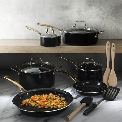 Lockton 14 Piece Premium Non (Black w/ Gold Handles (Ceramic Nonstick Cookware) / 14-Piece Cookware Set)