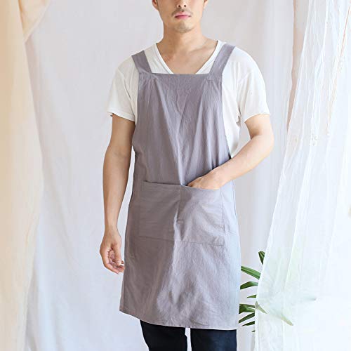 Japanese Linen Cross Back Kitchen Cooking Aprons for Men with Pockets for Baking Painting Gardening Cleaning Gray (15 - Men's Dark Gray)