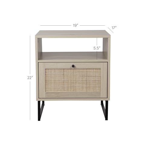 Mina Rattan Wood End Side Accent Table Nightstand with Storage for Living Room or Bedroom (Oak/Black / 1)