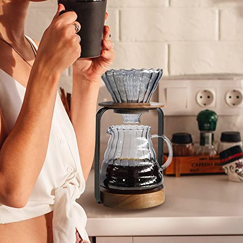 Pour Over Coffee Maker Set with Dripper Stand Coffee Filters Paper Coffee Grinder Gift for Coffee Lovers (Black/tan)