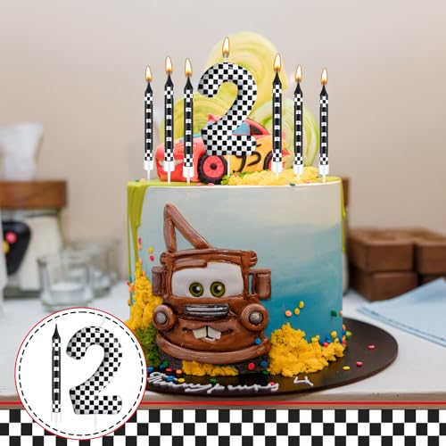 13 Pcs Racing Cars Themed Birthday Candles Black and White Race Number 2 Checkered Candle Cake Topper for Racing Car Party Decoration Supplies (Black+White / 2)