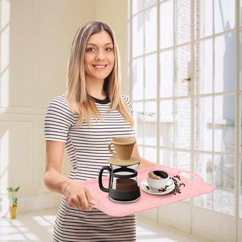 Large Non Slip Serving Tray with Handles (Pink)