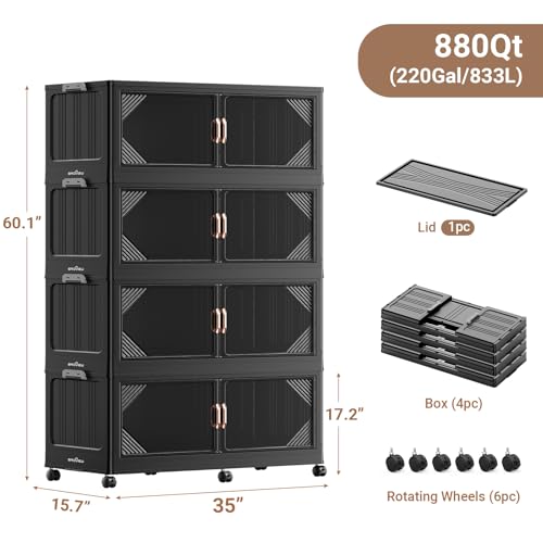 V60 880QT Plastic Stackable Storage Bins with Lid (Black / 220QT-4Pack)
