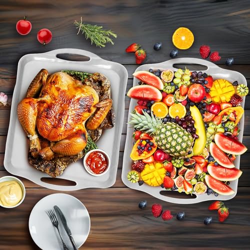Large White Melamine Serving Tray with Handles (White)