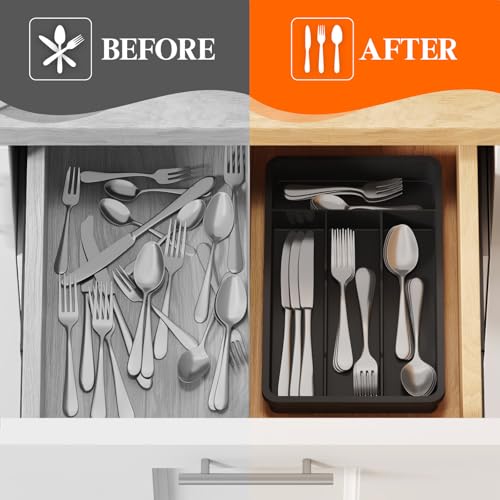Silverware Drawer Organizer Tray (Black / 7.8 x 12.4 inch (4 Slots))