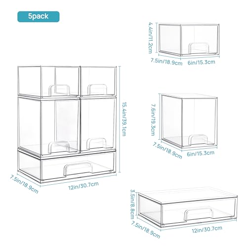 Clear Stackable Storage Drawers Set of 8 (4 Small+2 High+2 Wide)