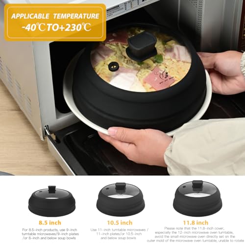 Microwave Splatter Cover Glass Splatter Guard Lid with Collapsible Silicone for Food Plate Covers 8.5 inch Black (Black / 8.5 inch)