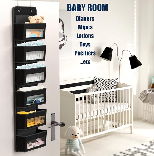 6 Clear Window Pocket Over Door Hanging Organizer (6 Pockets / Black)