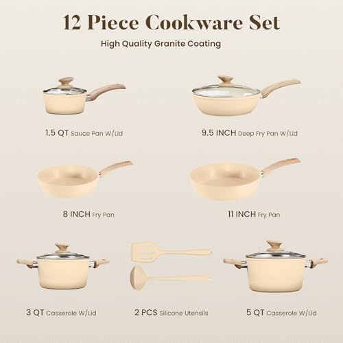 Beige Pots and Pans Set Non Stick (Beige / 12 PCS Cookware Set)