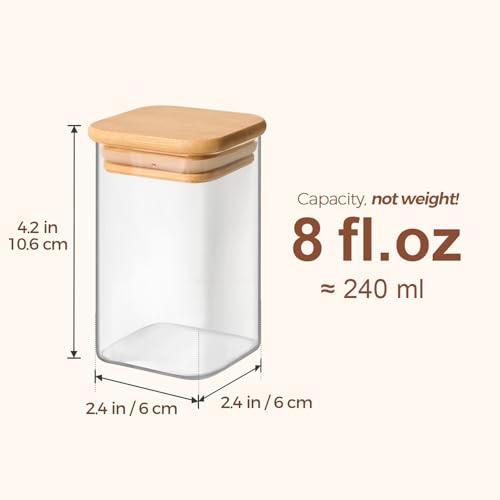 Square Glass Spice Jars with Labels 8 oz 16 Pack with Bamboo Lids (8 fl oz x 16 - Square)