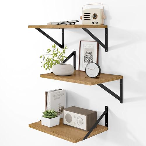 16W x 12D Deep Floating Shelves Set of 3 Oak (Oak With Black Metal Bracket / 16Wx12Dx5.8H)