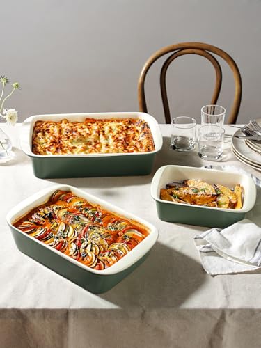 Ceramic Casserole Dishes for Oven with 304 Racks (Forest Green / 13.7"+11"+8.3")