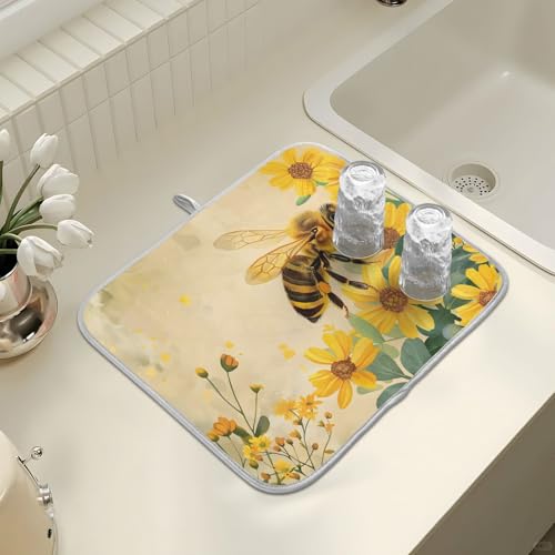 Honey Bee Dish Drying Mat for Kitchen Counter Absorbent Microfiber Small Drying Pad Dish Yellow Flowers Leaves Mats for Kitchen Countertops 16 x 18 Inch (18" x 16")