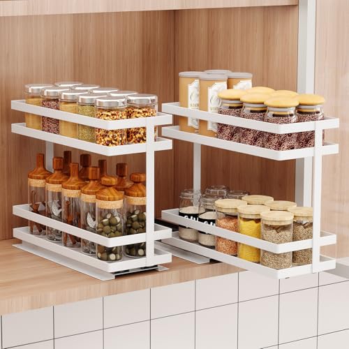 2 Pack Pull Out Spice Rack Organizer for Cabinet (White(Metal))
