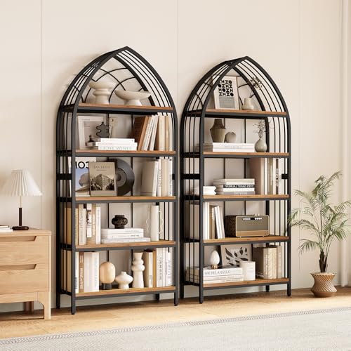 74.8" Tall Arched Bookshelf (Brown + Black)