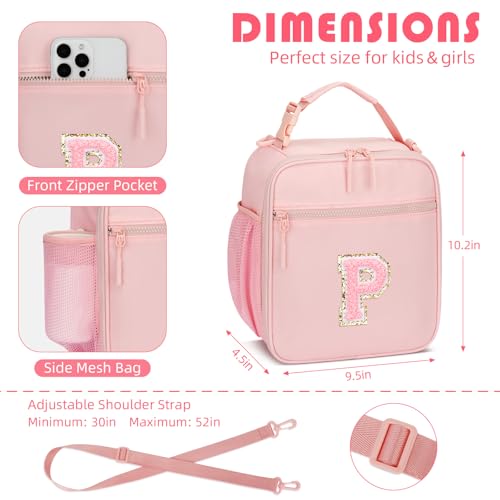 Lunch Box Kids Large Initial Insulated Lunch Bag for Girls (Pink / P)