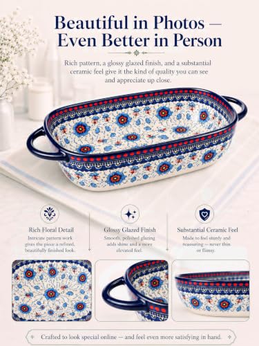 2-Piece Hand-Painted Polish Pottery Style Ceramic Baking Dish Set (Blue Lace)