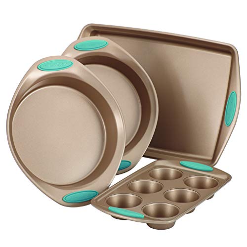 Cucina Bakeware Set Includes Nonstick Cake Cookie Baking Sheet and Muffin Cupcake Pan (4 Piece / Latte Brown with Agave Blue Grips)