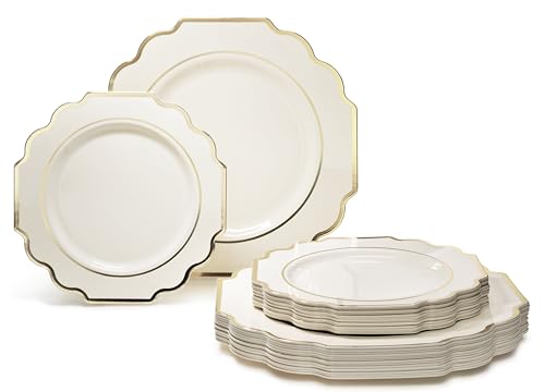 OCCASIONS Disposable Plastic Plates for 120 Guests (960 Piece (120 Guest) / J. Imperial Ivory & Gold)