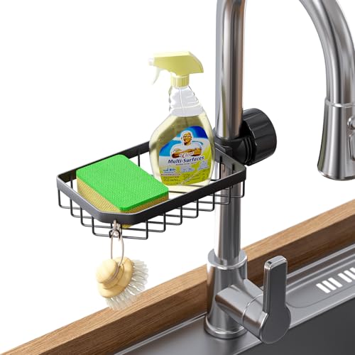 Sponge Holder Over Faucet Kitchen Sink Caddy Organizer (Black)