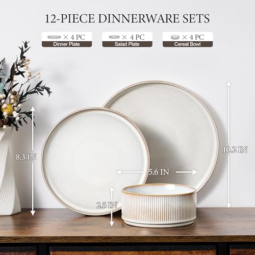 12 Piece Plates and Bowls Sets (Creamy Beige / 12pcs for 4)