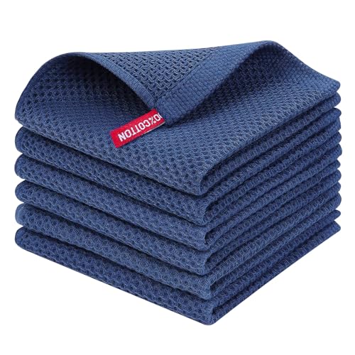 100% Cotton Waffle Weave Kitchen Dish Cloths 6 (Navy Blue / 12 X 12 - 6 Pack)
