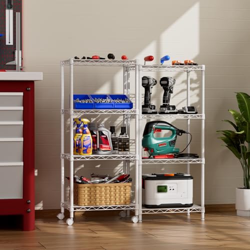 4 Small Wire Shelves Kitchen Pantry Close Home Organizers and Storage Bathroom Shelf Laundry Room Organization Adjustable Book Metal Garage Shelving Unit (White / 4-Tier 11.8"D X 17.3"W X 45.2"H)