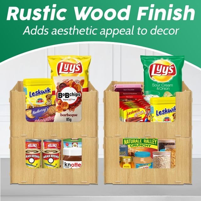 Wooden Stackable Storage Bins Open Front for Pantry Storage (4 Pack / Wood)