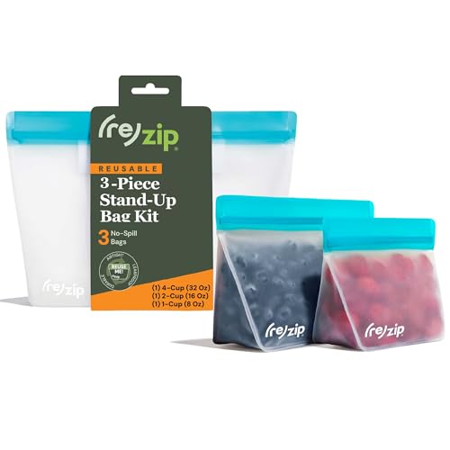 re) zip Reusable Stand-Up Food Storage Bags, Leakproof, 3-Piece, Aqua (Aqua / 3-Pack)